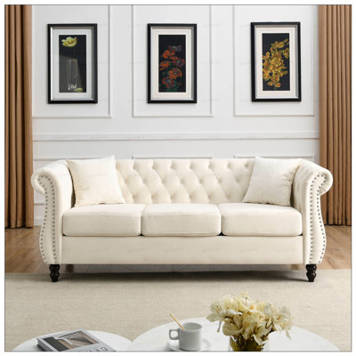 Classic Chesterfield 3-Seater Sofa with Rolled Arms and Nailhead Trim, Ideal for Various Living Spaces
