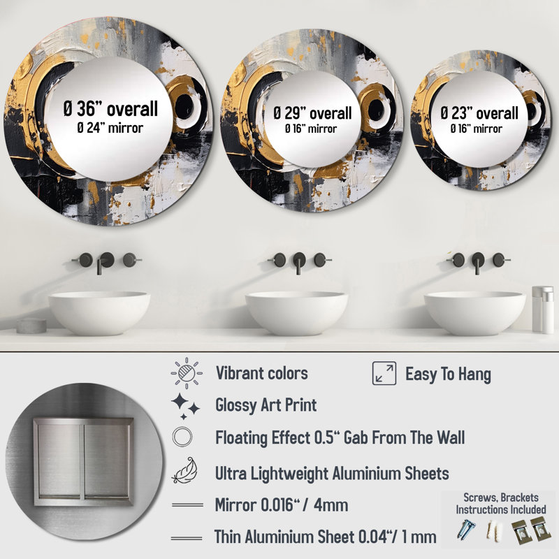 Gold Black Multifaceted Whirls - Cubism Decorative Wall Mirror, Modern Round Mirror, Printed Metal Art, 29" x 29"