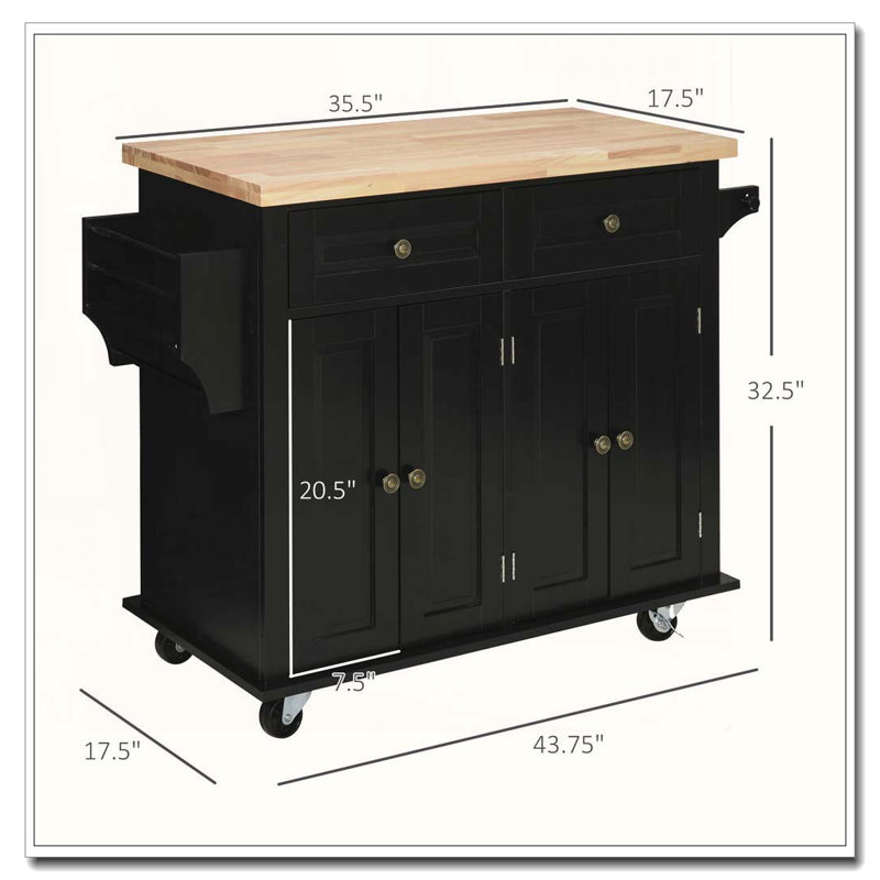 Kitchen Island on Wheels with Rubberwood Top, Black