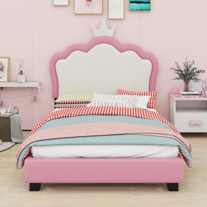 Lit princesse rembourré avec tête de lit couronne, Crème et rose