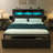 Uphostered Storage Bed With LED Bookcase Headboard, 2 Underbed Drawers & Charging Station-1730513069