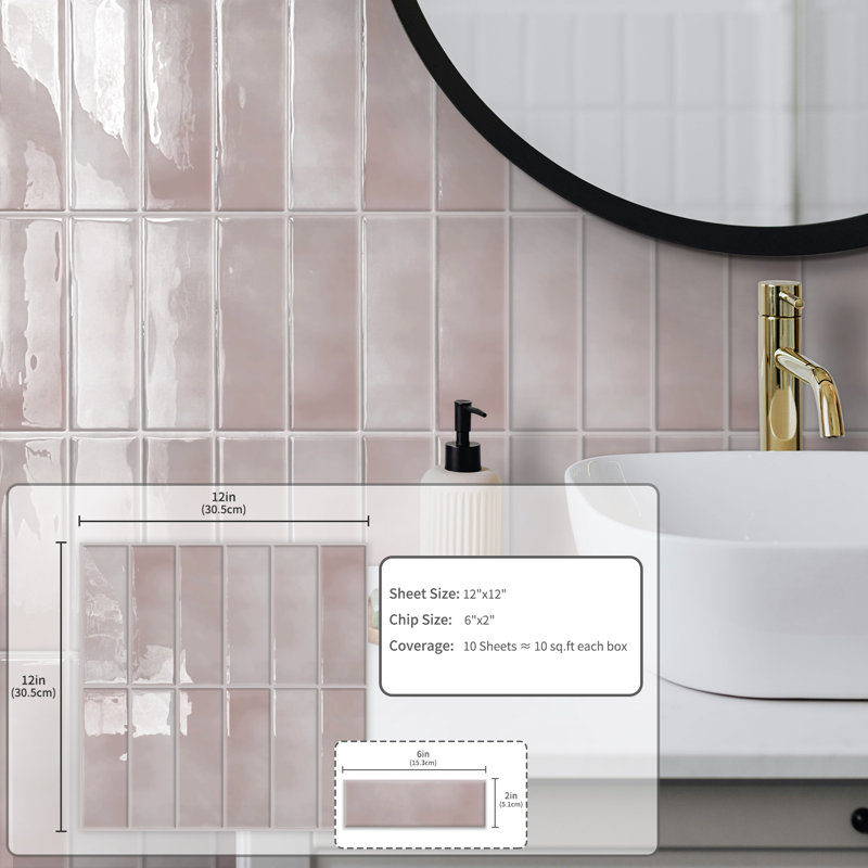 Carrelage mosaïque auto-adhésif en vinyle 12 po x 12 po pour dosseret de cuisine, 10 feuilles, Rose clair