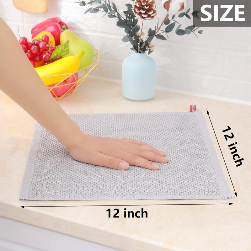 100% Cotton Waffle Weave Kitchen Dish Cloths, Ultra Soft Absorbent Quick Drying Dish Towels, 6-Pack, Light Gray