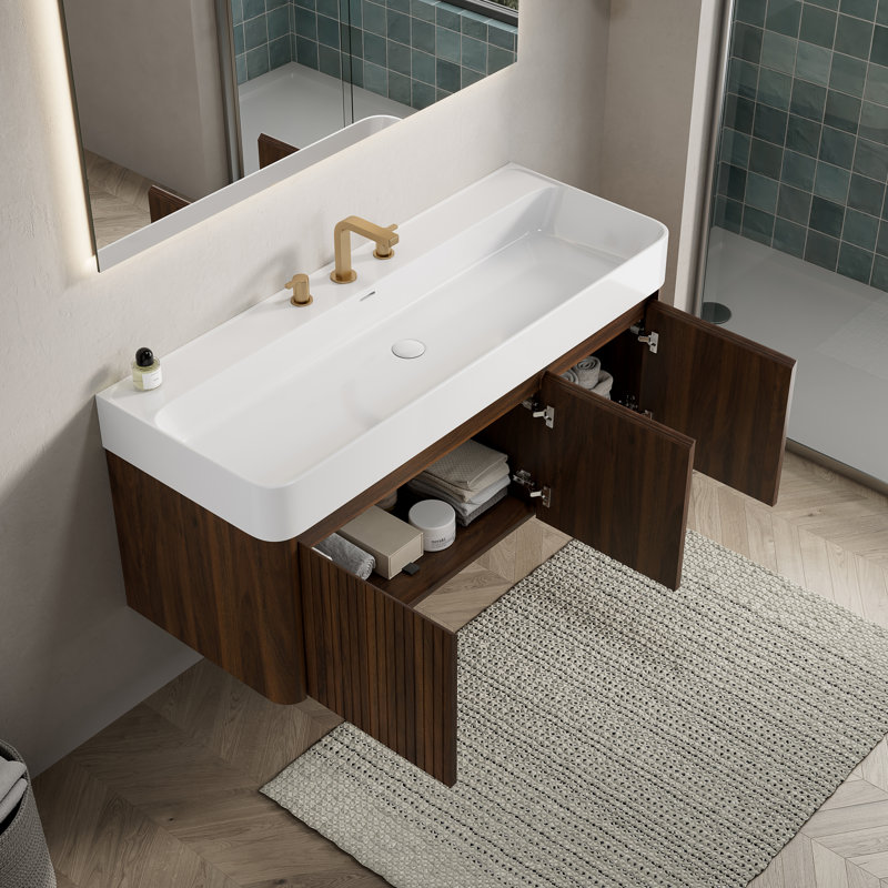 Meuble-lavabo flottant, surface intégrée avec 3 trous de robinet pré-percés, Walnut, 48"