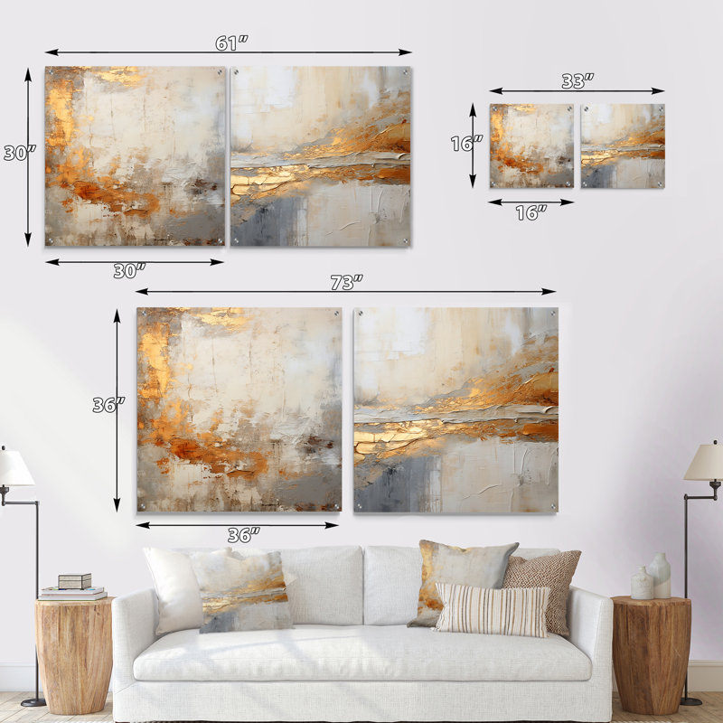 Fusion abstraite dorée et beige - ensemble de 2 peintures murales abstraites en acrylique, H 16 po x l 33 po