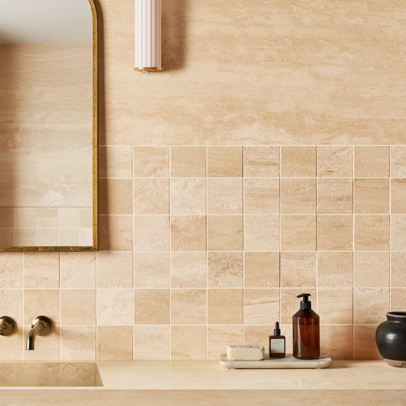 Travertine 4x4 Filled Brushed Vein Cut Tile, Classic Brushed