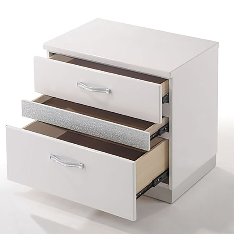 Table de chevet 3 blanc brillant pour chambre à coucher - doublé de feutre, accessoire de rangement moderne avec doublure