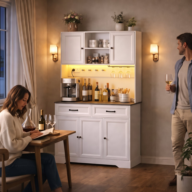 Garde-manger de 71 po de hauteur avec bar à café, prise de courant intégrée, bande lumineuse à DEL, support à vin, 5 portes et tablettes réglables