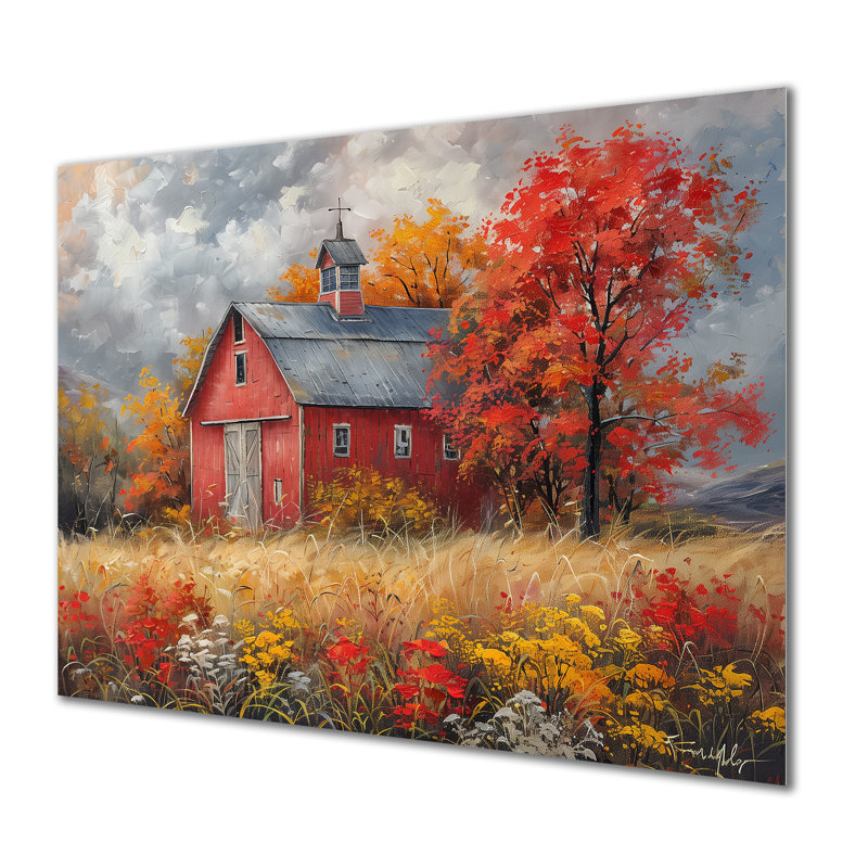 Automne rouge grange brise I - impressions encadrées de grange, H 34 po x l 44 po x P 1,5 po, Métal métal