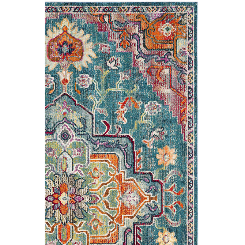Tapis bleu sarcelle / rose / orange à motif oriental Gonzalez, Rectangle 2 pi 2 po x 5 pi