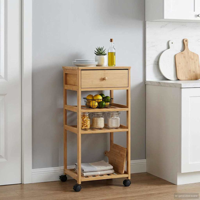  Kitchen Trolley With Wheels Natural 14.57 X 14.17 X 31.50 In