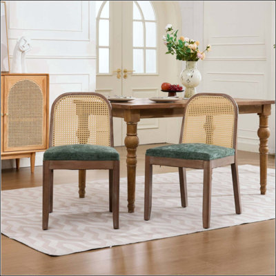 Ensemble de 2 chaises de salle à manger courbées arquées à dossier en canne, chaises d'appoint de style campagne Mid-Century, structure en bois massif vieilli, coussin en chenille avec ressort en S et éponge, chaises d'appoint sans accoudoirs pour la cuisine