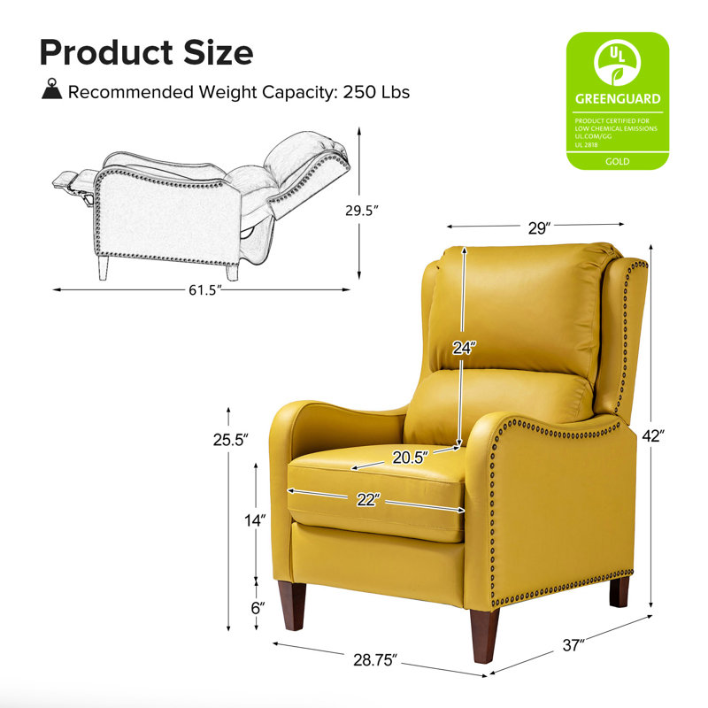 Fauteuil inclinable en cuir Beecher 28,75 po, Cuir pleine fleur jaune