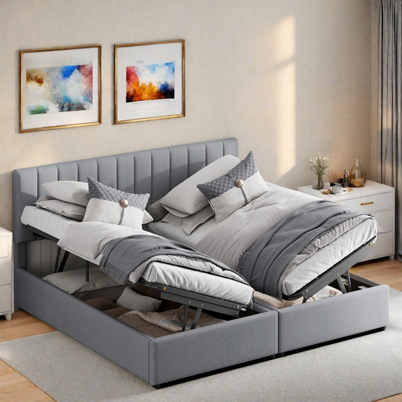 Platform Bed Upholstered Platform Bed Included Two Twin Size Beds, Hydraulic Storage Systems And Vertical Stripe Headboard