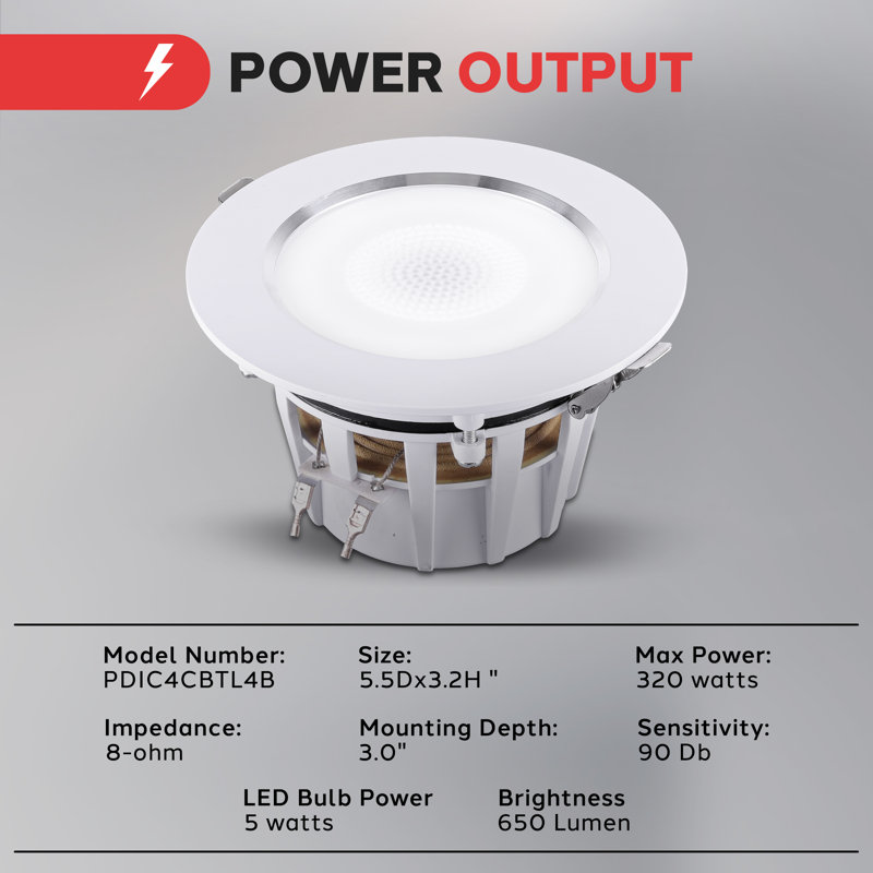 Pyle 4" In-Ceiling In-Wall Speakers - 320 Watts Max, 2-Way Stereo Sound, Flush Design W/ BT Wireless Receiver, LED Light, & Spring Loaded For Easy Installation- PDIC4CBTL4B (4 Speakers)
