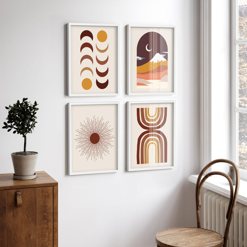 "Boho Moon Phases And Mountain Illustration Relax", 4 pièces, Blanc, H 14 po x l 11 po
