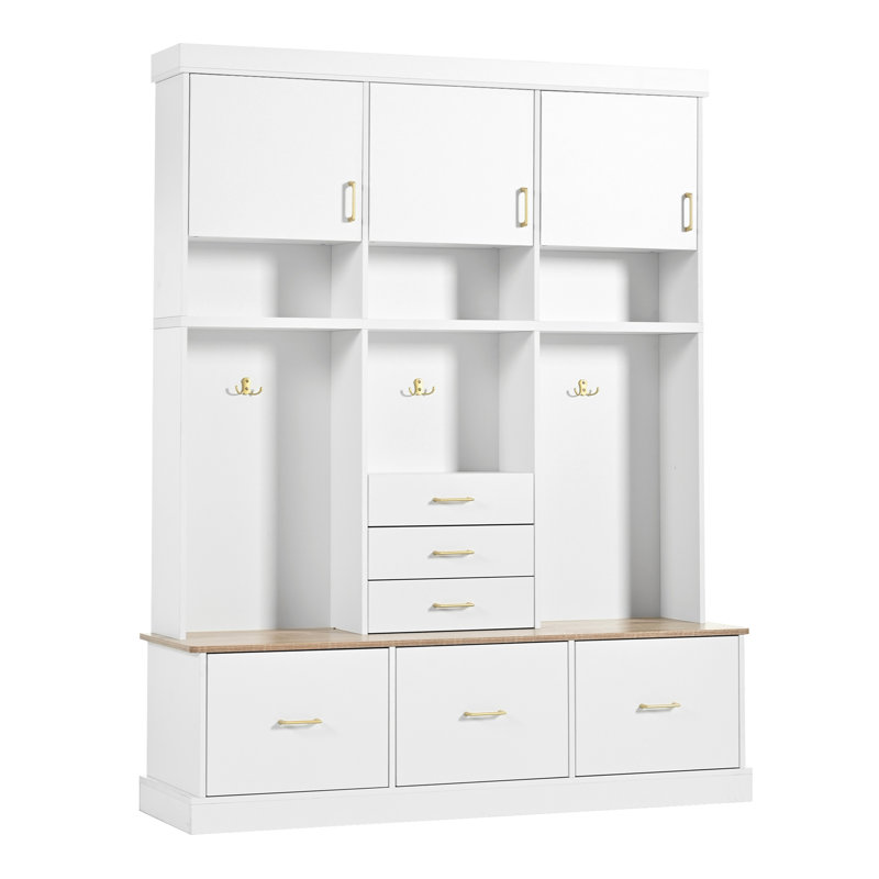 75'' H Entryway Hall Tree With Bench And Storage, 5-In-1 Modern Hall Tree With Coat Rack, 6 Drawers, 3 Cabinets And 3-Tier Top Storage For Hallway, Entryway, Living Room, Mudroom