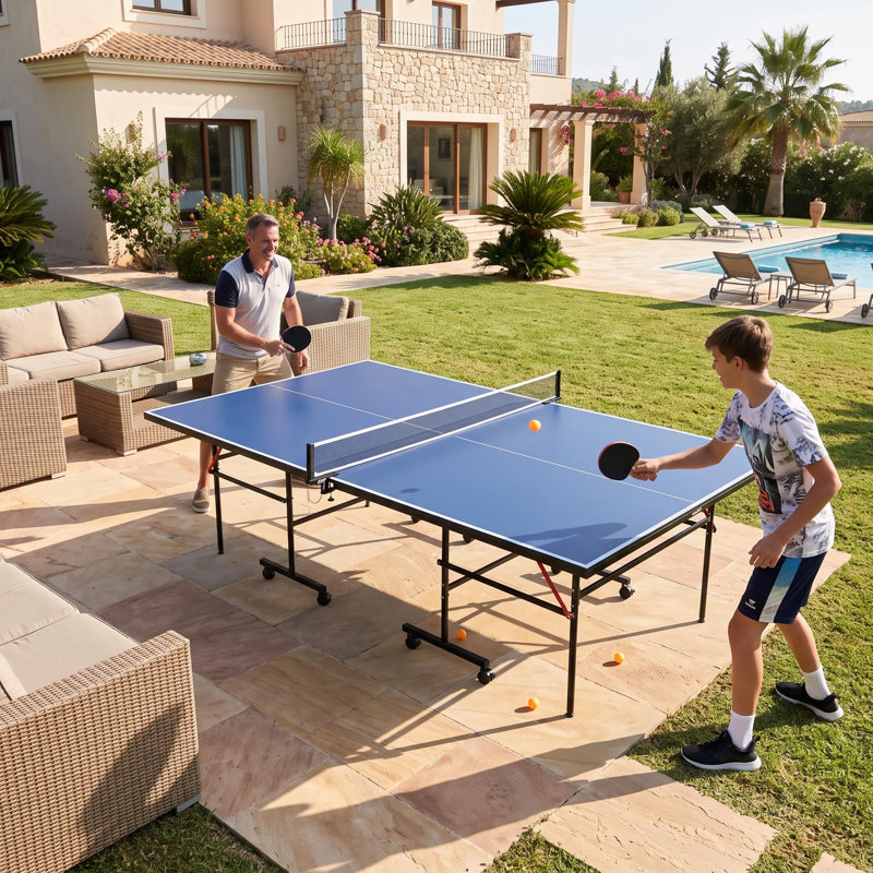 Ensemble de 2 tables de ping-pong portatives de 2,74 m (9 pieds) pour l'intérieur et l'extérieur – Comprend des raquettes, des balles et un filet – Bleu