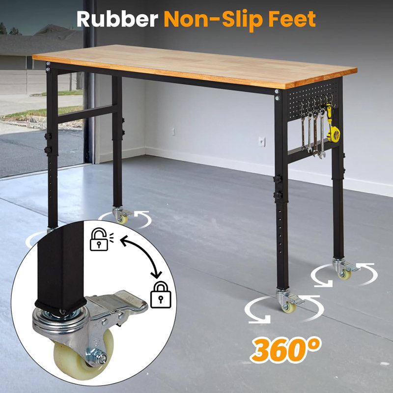 Établi à hauteur réglable avec échelle, panneau perforé et roues, capacité de 2 200 lb pour atelier de garage