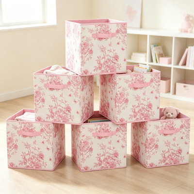 6-Pack Pink Floral Cube Storage Bins, 12.5 Inch Collapsible Fabric Baskets with Handles, Non-Woven Organizer Box for Shelves, Closet, Classroom, Bedro