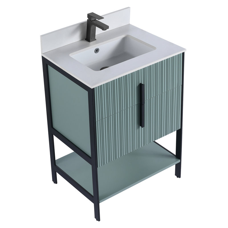 Meuble-lavabo moderne avec plateau en pierre Serenity, Vert menthe / noir, 24", Pierre artificielle blanche