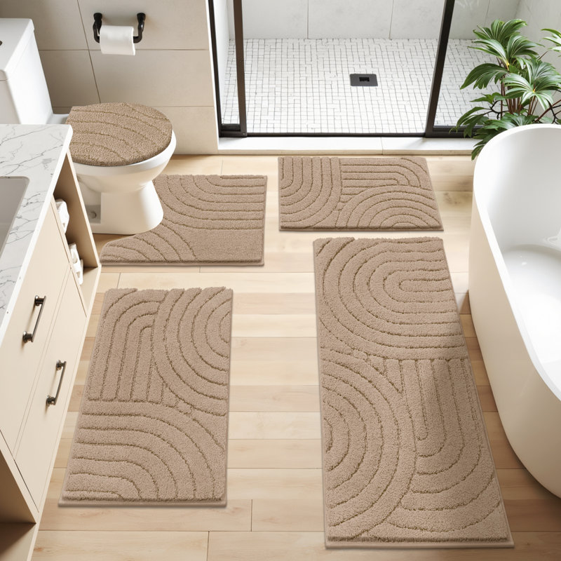 Ensemble de tapis de bain en microfibre 5 pièces avec envers antidérapant, Beige