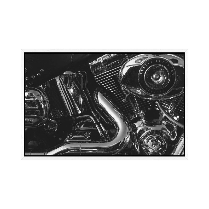 Harley Engine - Print on Canvas, 101.6 cm H x 66.04 cm W, White Framed