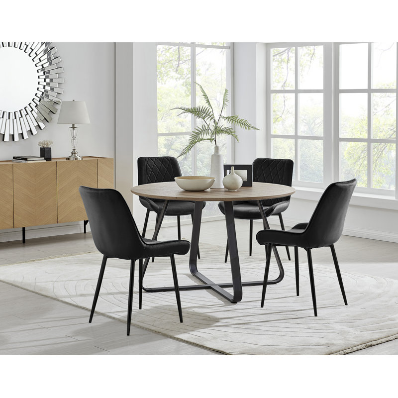 Venedocia Round Wood Effect Dining Table & 4 Luxury Velvet Dining Chairs, Black/Black