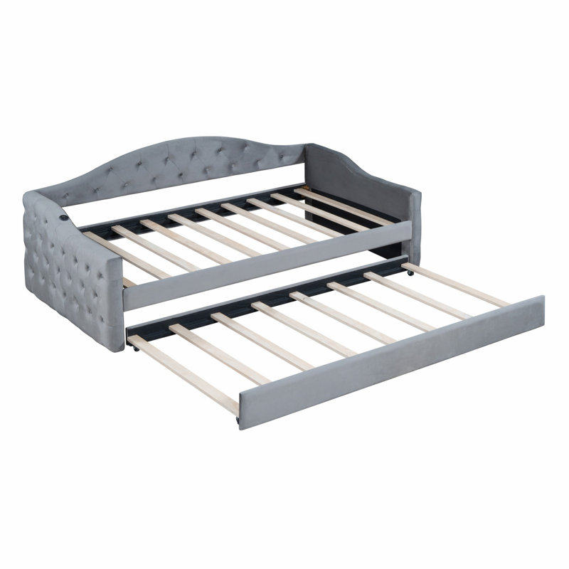 Tufted Upholstered Daybed With Trundle, USB And Type-C Charging Ports, Gray