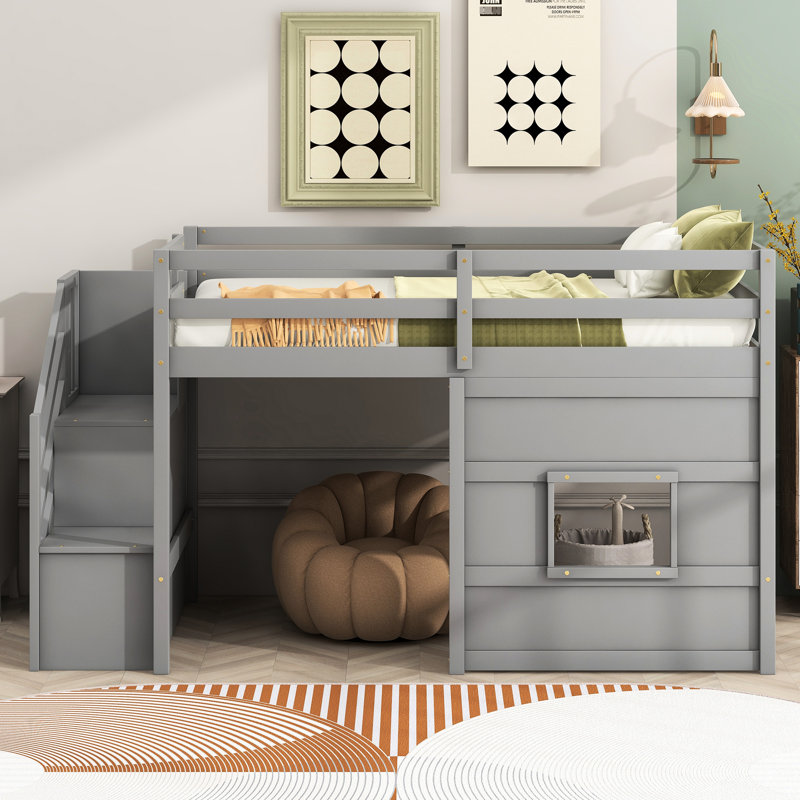 Lit mezzanine simple gris avec escalier de rangement et fenêtre amusante - bois pour chambre à coucher avec espace spacieux
