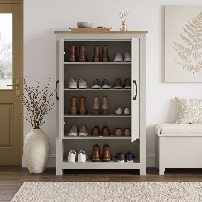  Limestone 2 Door Shoe Cabinet with Open Shelves, Light Grey