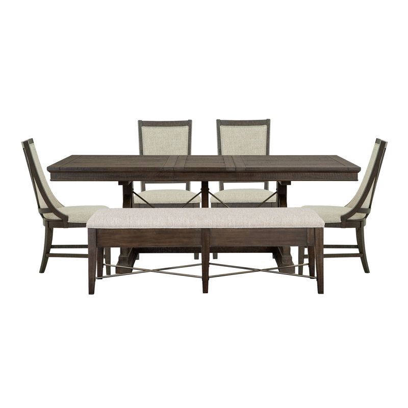 Extendable Trestle Dining Table With 2 Upholstered Side Chairs 2 Host Chairs And Upholstered Bench