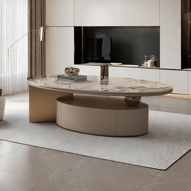 Table basse ovale légère et luxueuse, 16.5" H x 55.1" L x 31.5" W, Gold/White