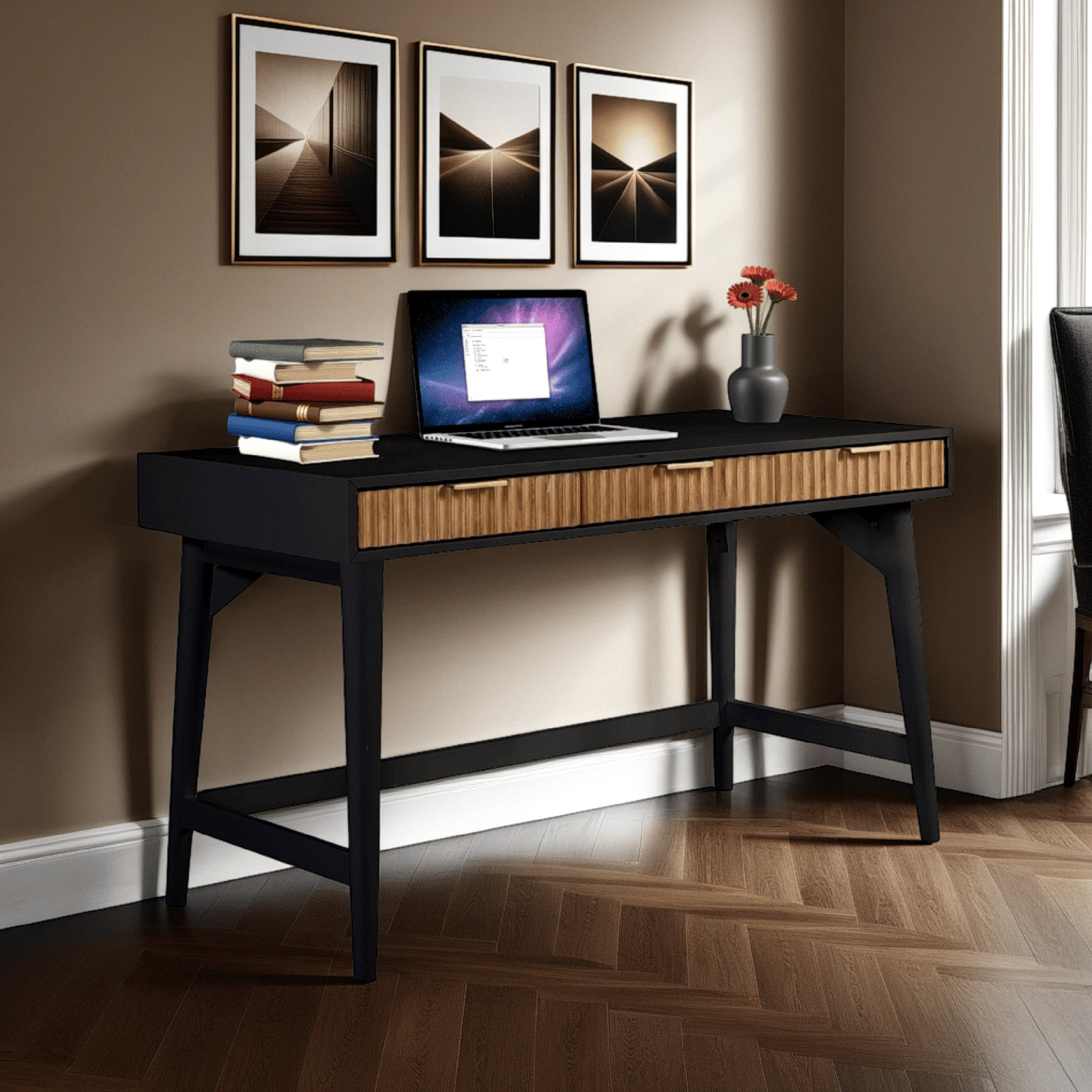 52" Wood Writing Desk, Black/Natural