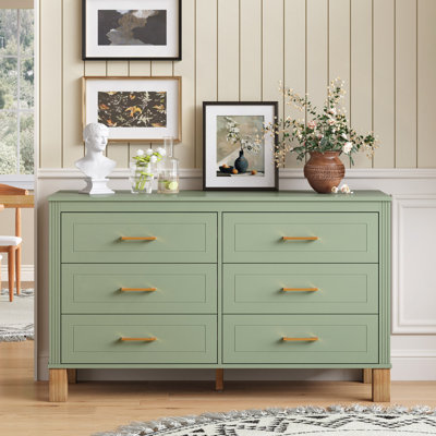 Commode double 6 tiroirs en vert sauge, armoire de rangement moderne avec poignées en métal et pieds en bois massif, organisateur de tiroir pour chambre d'enfant, commode en bois robuste avec préinstallé