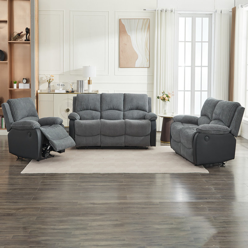 Reclining Sofa Sectional Recliner Plush Corduroy Couches Set Sofa, Power - Push Button