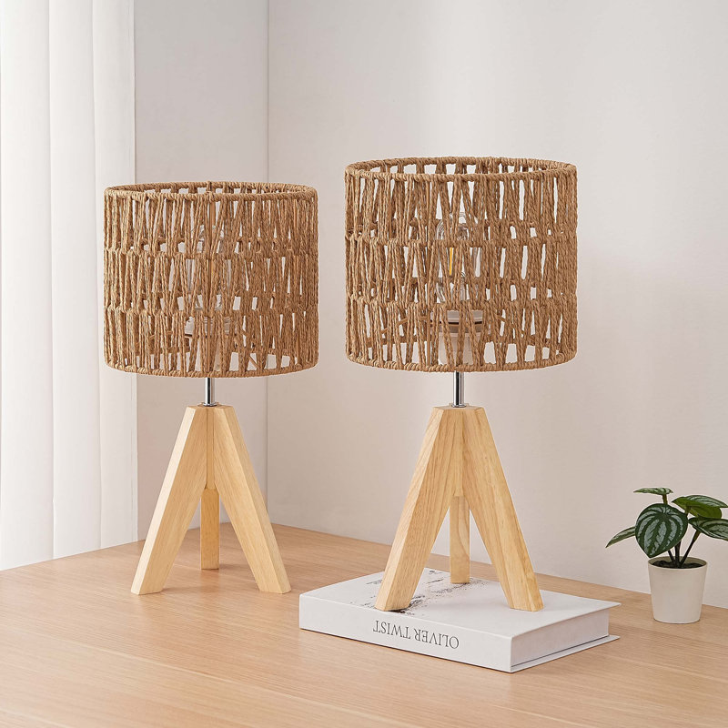 Aurion 14.2" Light Brown Solid Wood Tripod Table Lamp Set with Rattan Shade