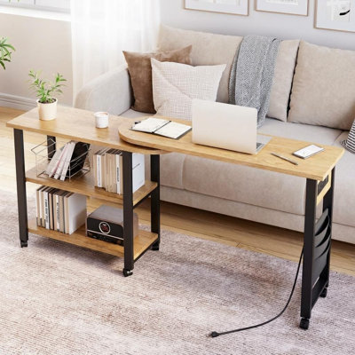 Table d'appoint à 360 ° avec station de charge, table de bout à 2 niveaux avec roulettes, pochette de rangement dissimulée et bureau mobile pour ordinateur portable