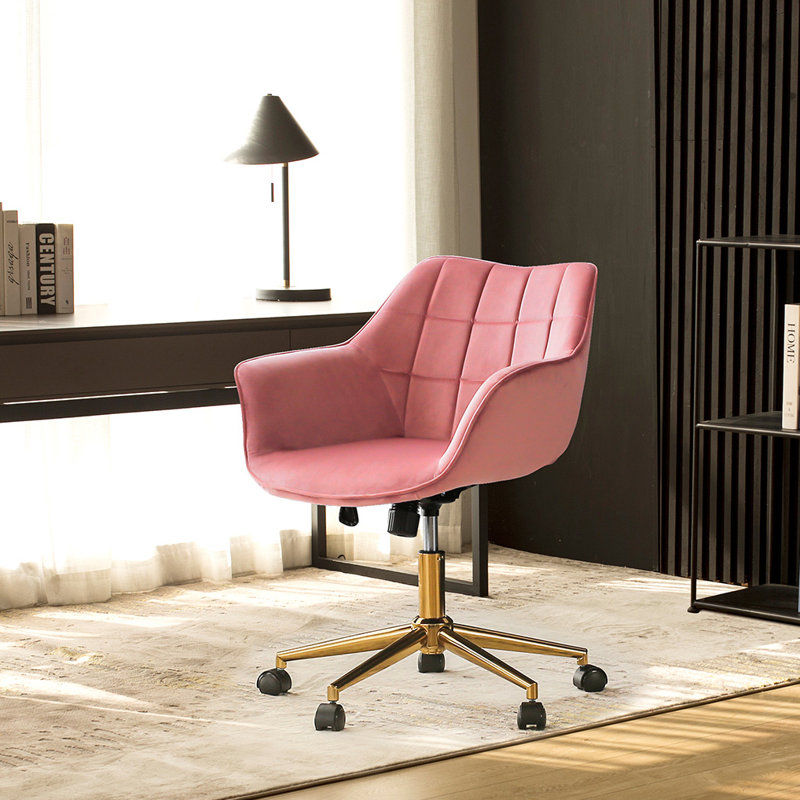 Ergonomic Velvet Upholstered Adjustable Height Swivel Casters Arms Included Metal Base Schick Task Chair, Pink