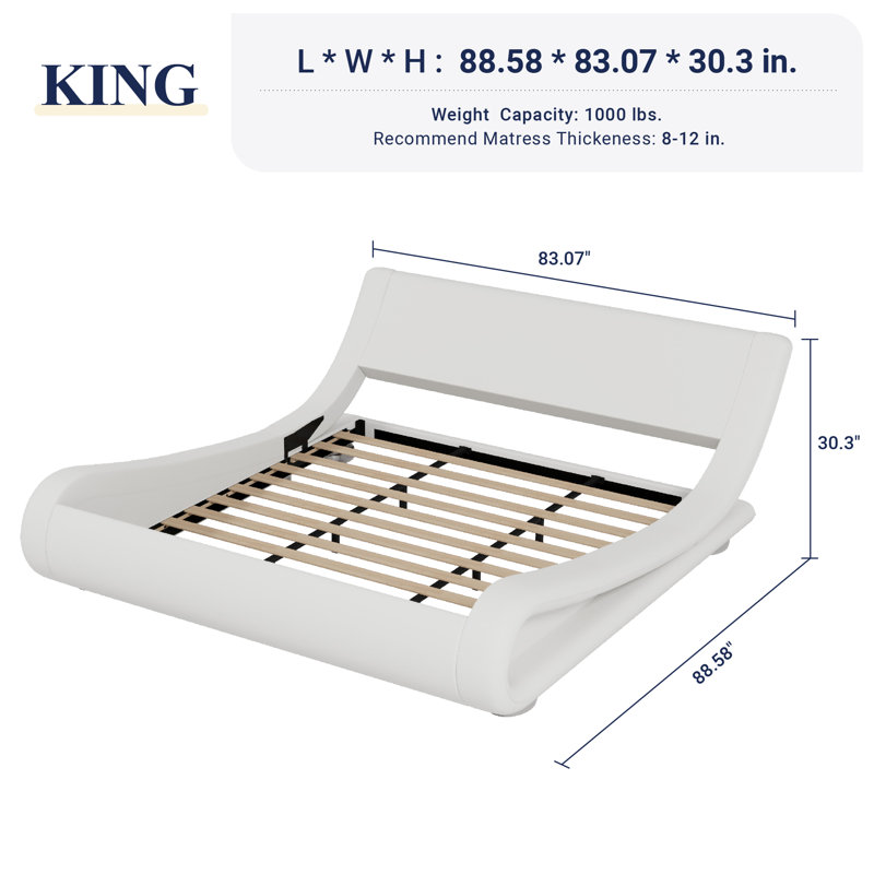 Low Profile Sleigh Bed With Faux Leather Ergonomics Headboard, White, King