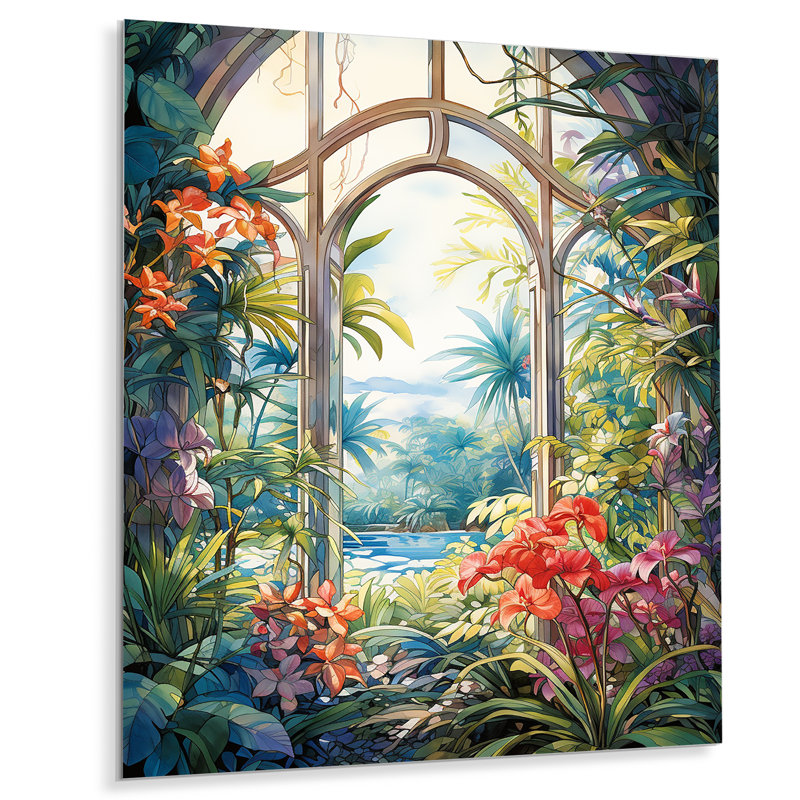 «Tropical Windows View Blooms 1», art mural floral abstrait en métal, H 40 po x l 30 po x P 1,5 po