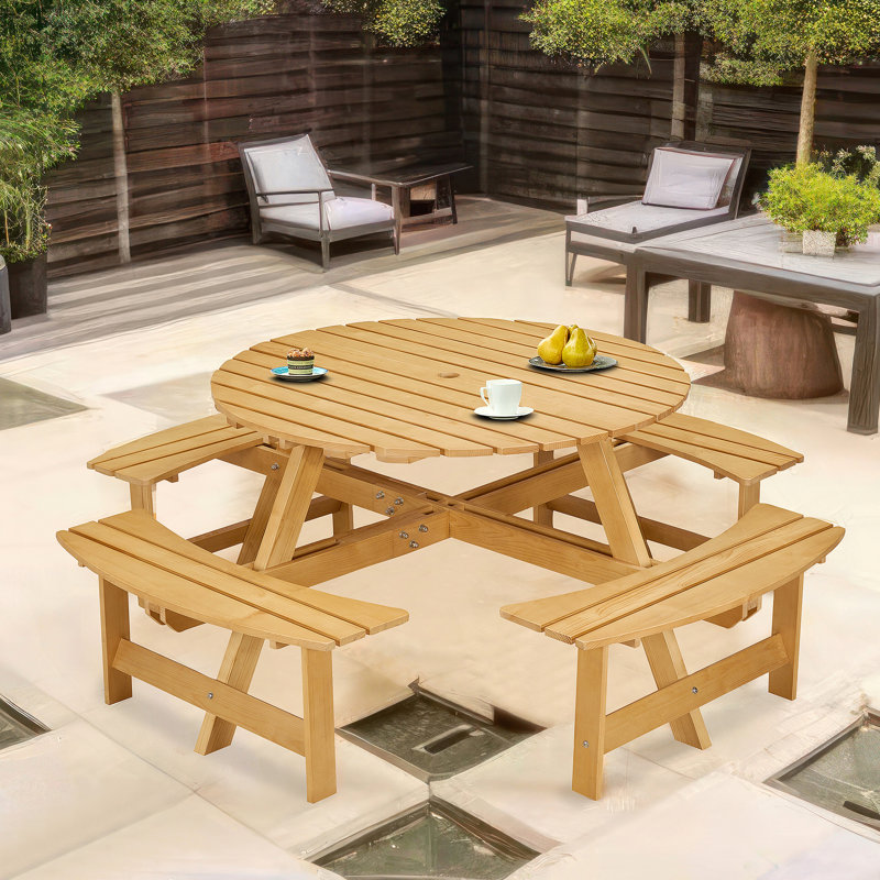 8-Person Outdoor Round Picnic Table Set With 4 Built-In Benches & Umbrella Hole - Perfect For Garden, Backyard, Porch & Patio - Natural Wood