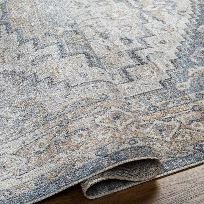 Kinzel Machine Washable Oriental Blue/Mustard Area Rug, Rectangle 2' x 3'