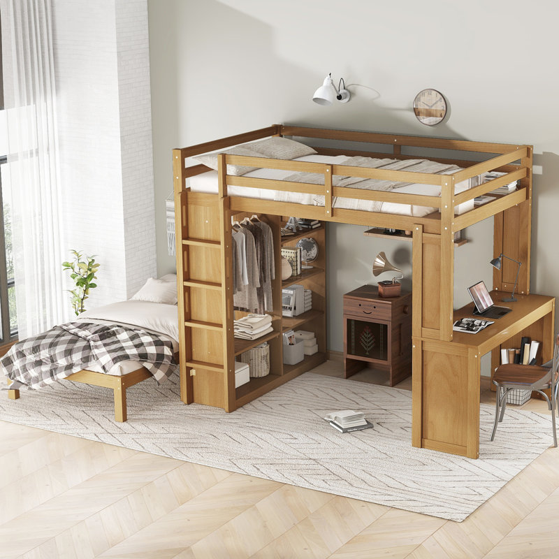 Lit double superposé double / double au-dessus de simple avec lit inférieur amovible, bureau, structure de lit mezzanine en bois massif avec tablettes et garde-robe, naturel