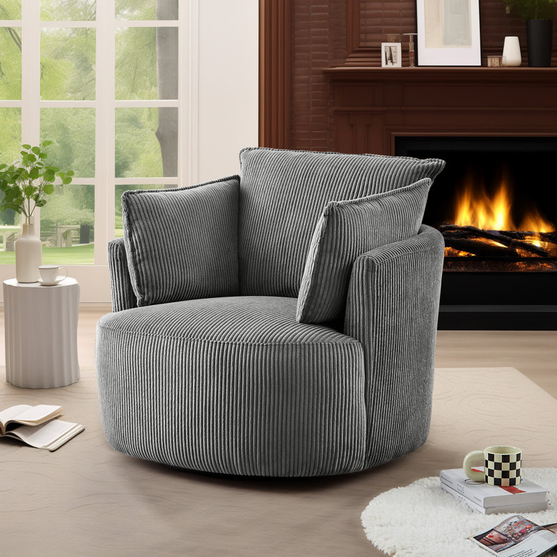 37.1'' Wide Corduroy Swivel Barrel Chair With 2 Armrest Pillows, Gray Corduroy, 1