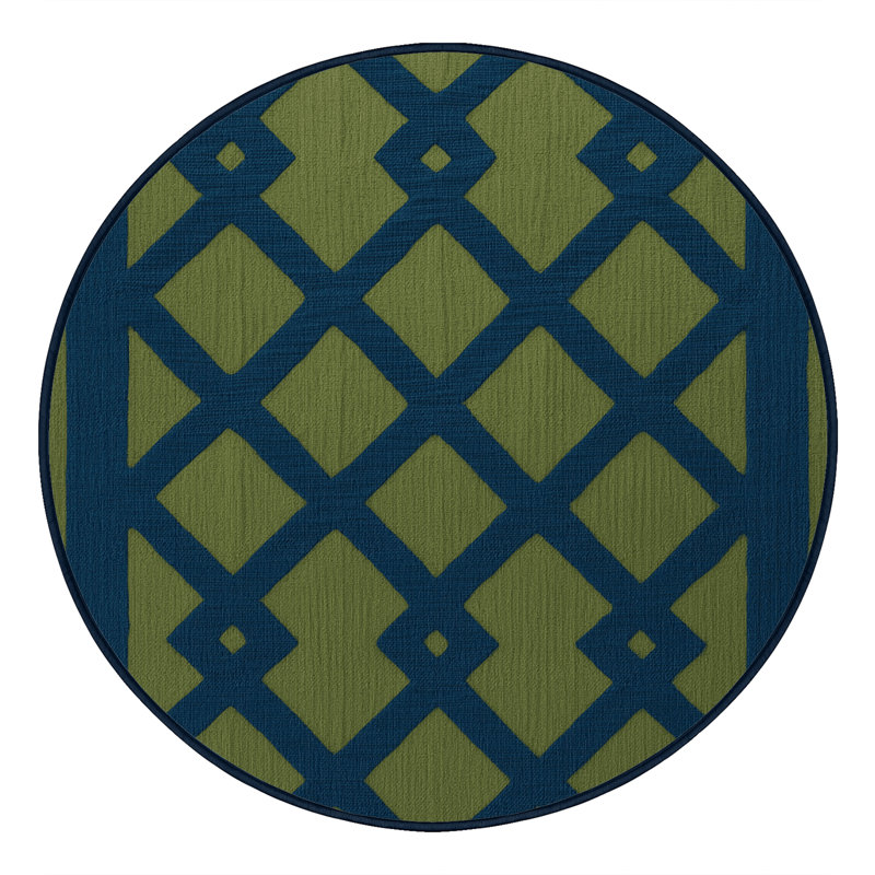 Machine Washable Trellis Blue Area Rug, Round 7'