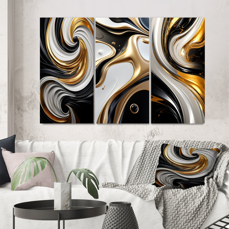 Liquide or noir et blanc tourbillonnant dimension IV - ensemble de 3 impressions, Toile tendue, H 20 po x l 36 po