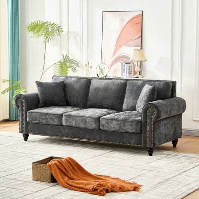 Modern 3 Measuring 86 Inches, Chenille Upholstered With Rolled Arms, Wood Legs, Nailhead Trim, High Foam, Solid Pine Structure 86-Inch And Soft Velvet Fabric, Enhances Interior Decor