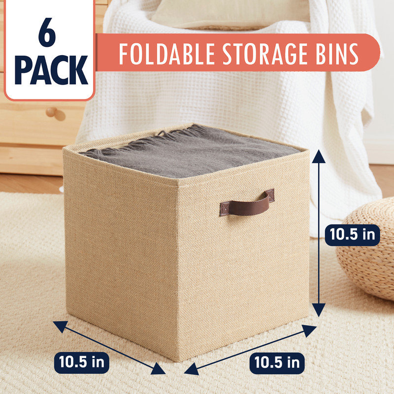 10.5 x 10.5 Storage Cube Bins, 6 Pack Jute Baskets, Fabric Storage Bins Shelf Basket Cube Organizer for Closet Foldable Collapsible with Leather Handles