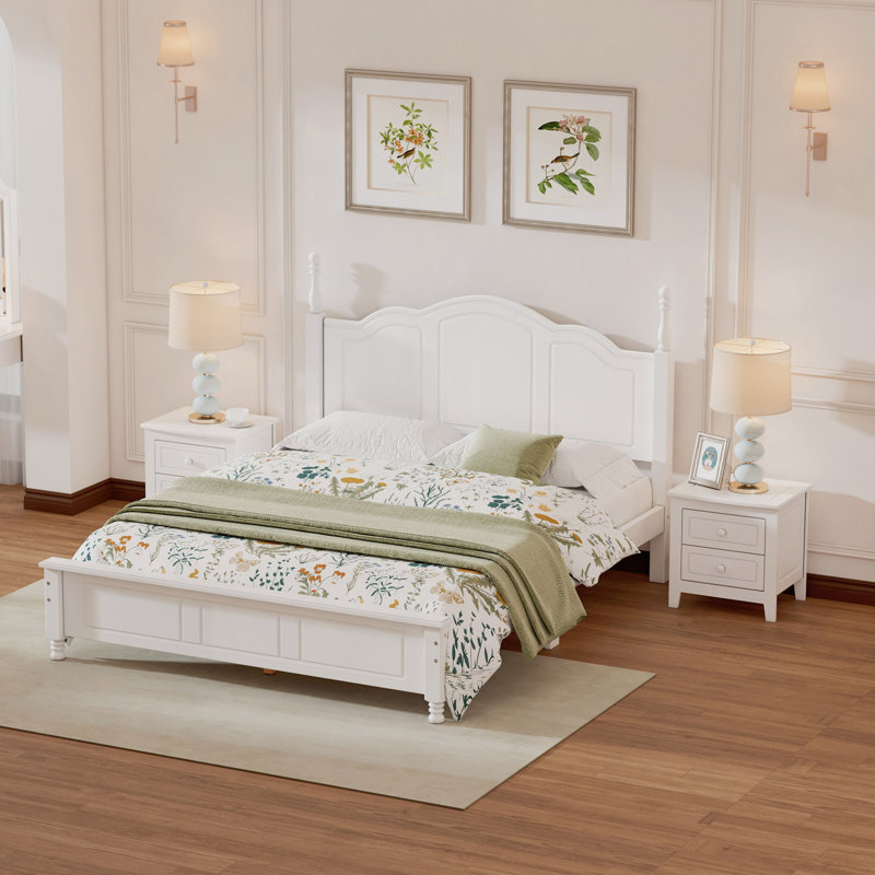 Ensemble de chambre à coucher 3 pièces, lit plateforme en bois et deux tables de chevet